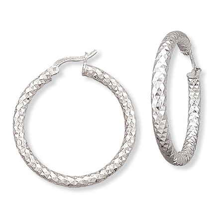 Diamond cut Rhodium-plated 28mm Sterling Hoop - Click Image to Close